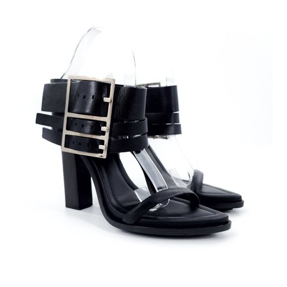 VERSUS by VERSACE Black Side Buckle Leather Sandals - Picture 2 of 12